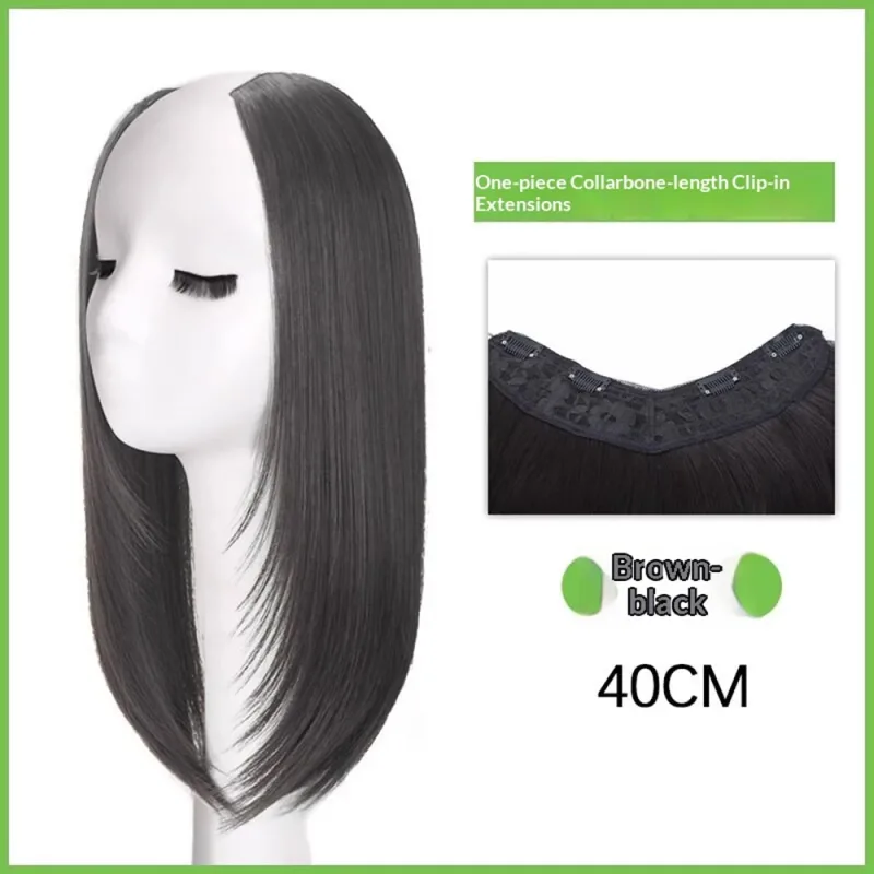 Extensions de cheveux synthétiques invisibles à Clip, Extensions capillaires courtes et lisses de Type U pour femmes, postiche demi-perruque féminine — image 8