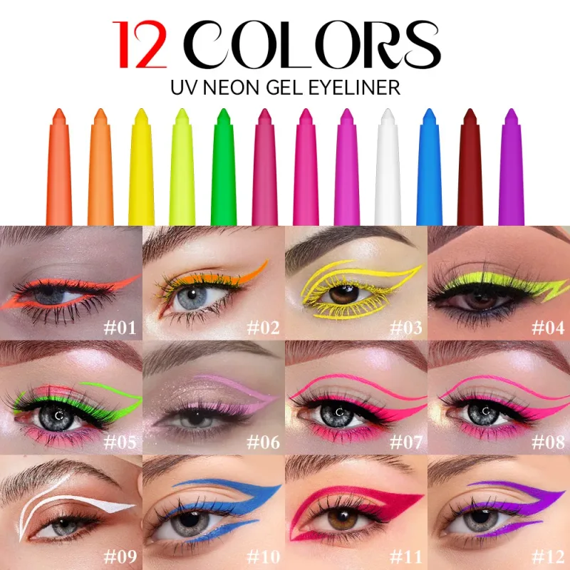 12 Color UV Fluorescent Eyeliner Gel Pen Waterproof Quick Drying Neon Colorful Eyeliner White Blue Purple Music Party Eye Makeup — image 6