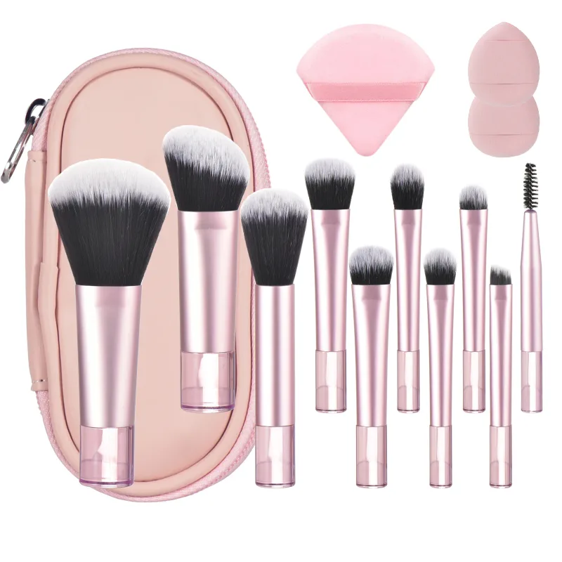 10 Mini pennelli per trucco rosa da viaggio Strumenti per trucco portatili Puff per trucco - Set di strumenti per trucco professionale con pennelli per palmo