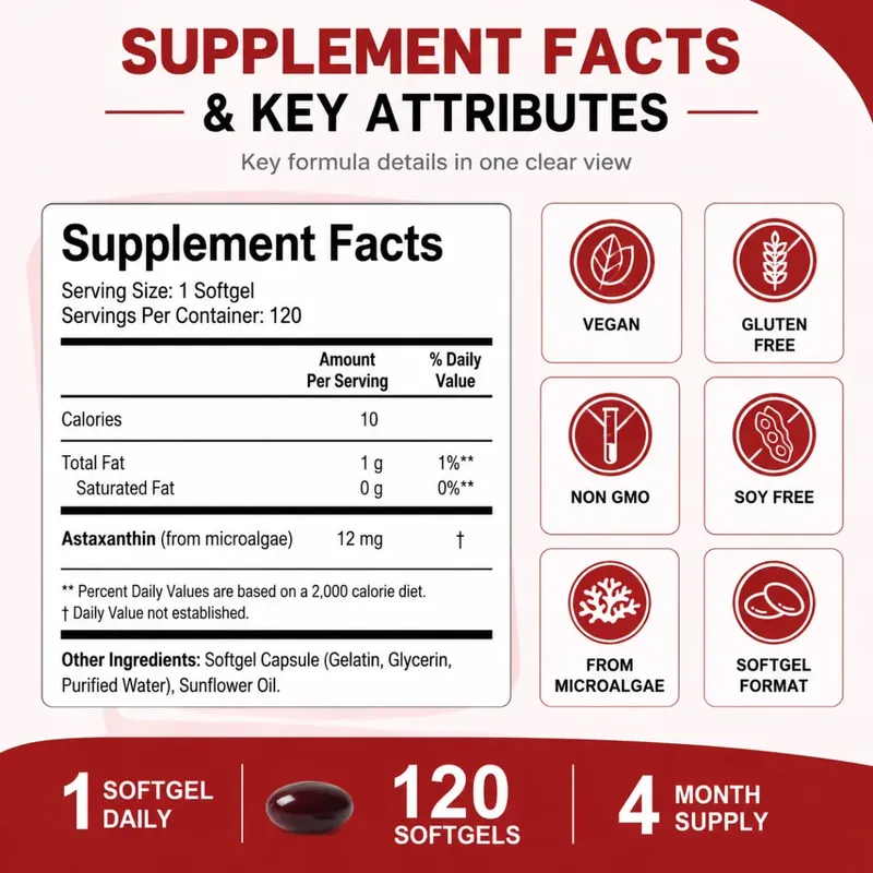 Astaxanthin-Ergänzungsmittel, 12 mg Kapseln aus Mikroalgen, mit antioxidativer Unterstützung für die Gesundheit der Haut und gesundes Altern, 120 Stück — image 3