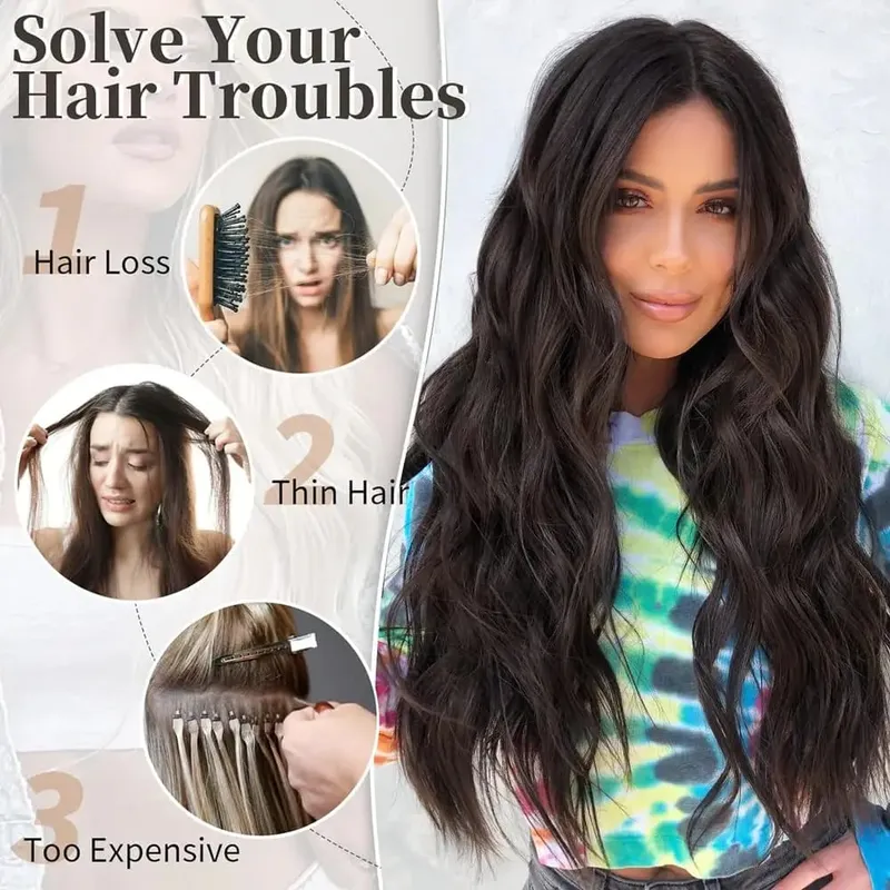 Clip in dlouhé vlnité syntetické vlasy prodlužování 24 palců černé 6ks tlusté příčesky Fiber Double Weft vlasy pro ženy — image 6