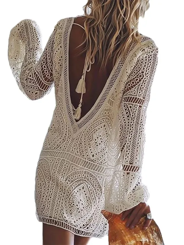 Women's Lace White Dress Long Lantern Sleeve Deep V-neck Backless Mini Dress Casual Elegant Fall Dresses — image 3