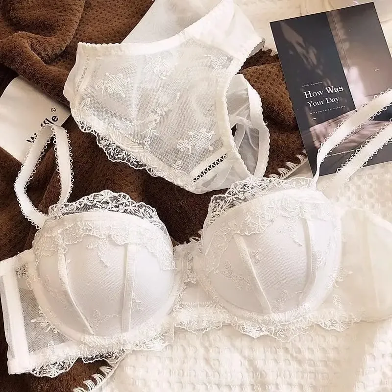 Set di due pezzi di lingerie in pizzo ricamato francese Reggiseno con ferretto morbido e traspirante leggero con supporto leggero per busti più piccoli — image 6