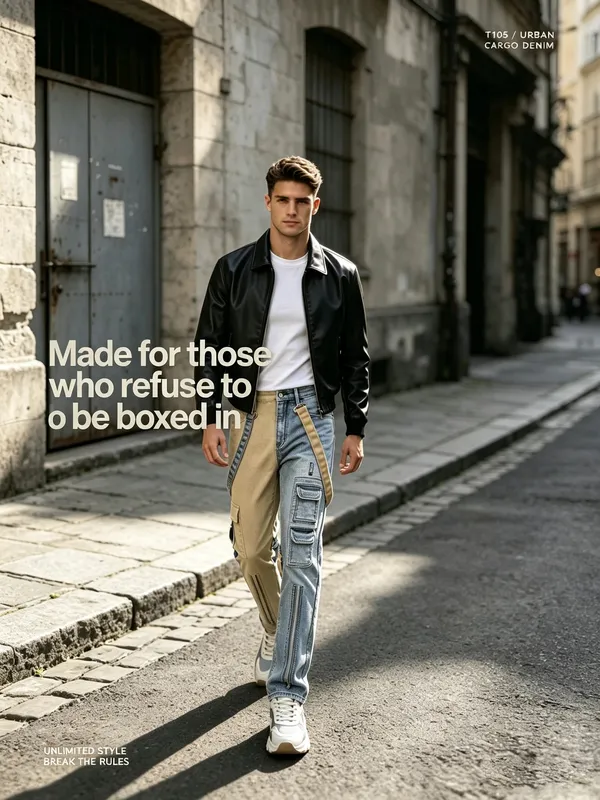 Y2K-Jeans für Herren, Techwear, Retro-Cargohose, ausgestellte Bootcut-Jeans, Kontrastfarbe, Spleißriemen, Streetwear-Denim-Hose — image 7
