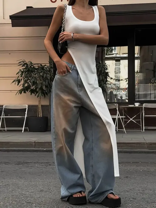 Sommer-Persönlichkeitstrend, schmale Passform, einfarbig, Straßennische, unregelmäßiger asymmetrischer Saum, ärmelloses Leibchen-Westenkleid — image 3