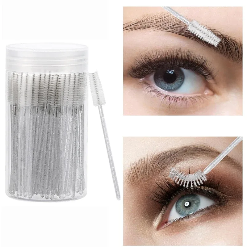 50 Stück Einweg-Mascara-Zauberstäbe, Augenbrauen-Spoolies-Bürsten für Wimpernverlängerungen, Wimpernbürsten mit Behälter