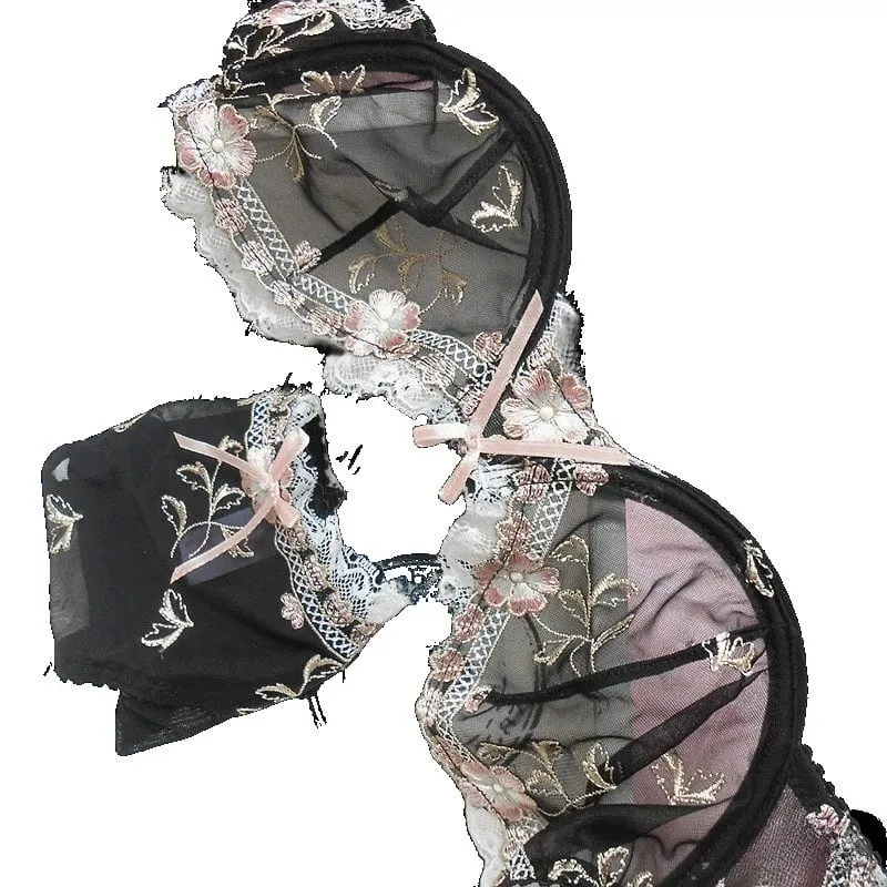 Ensemble de soutien-gorge non doublé de style Français | Demi-tasse minimiseur en dentelle pour grande taille de bonnet, sans rembourrage, fine, transparente, Anti-affaissement, Lingerie BANERDANNI — image 1