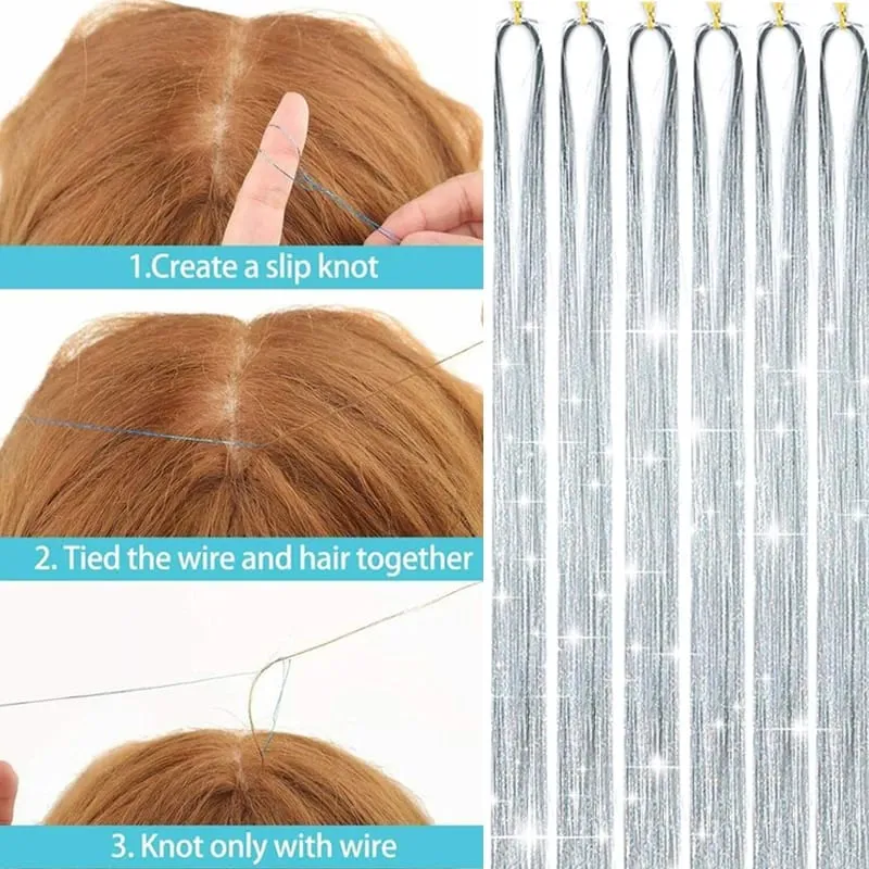 Syntetické 6ks Sparkle Lesklé Tinsel prodlužování vlasů Barevné dlouhé rovné Tinsel Kit 1200 pramenů Příčesek pro dívčí párty — image 5