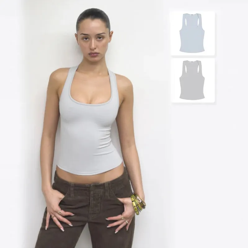 Débardeur classique en forme de X, dos nu, bleu bébé et gris brumeux, multicolore, confortable, taille élastique, ajustement serré, haut dos nu — image 2