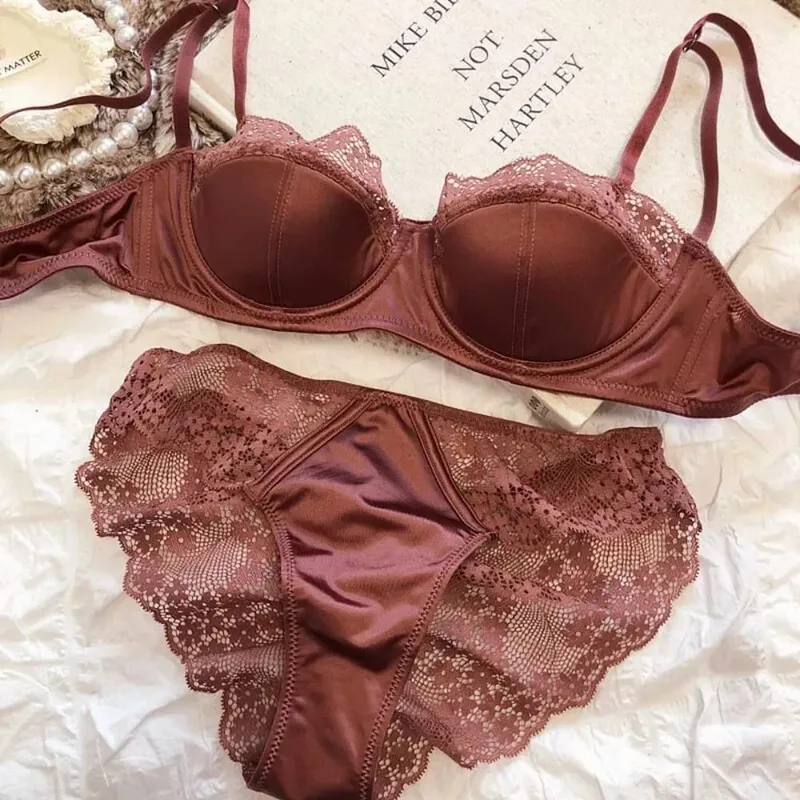 Set di lingerie da donna francese a mezza coppa, morbido reggiseno push-up con ferretto, cinturino sottile, reggiseno intimo leggero e estivo 32-38AB