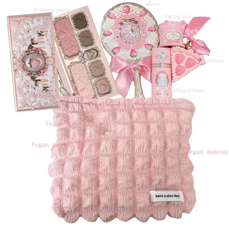 Flower Knows Strawberry Cupid Collection Make-up-Set, komplette professionelle Gesichtspalette, Rouge, Lidschatten, Lippencreme, feste Parfüm-Sets