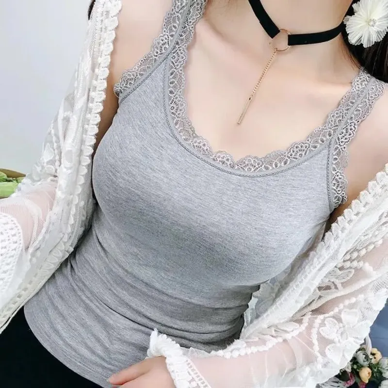 Casual U Neck Summer Tank Tops Sleeveless With Lace Fitted Tops Underwear Loose Cami Top Shirt for Women — image 3