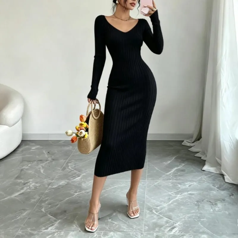 Women Solid Color V‑Neck Ribbed Knit Maxi Sweater Dress Elastic Long Sleeve Bodycon Dress Ladies Casual Party Fashion Dresses — image 8