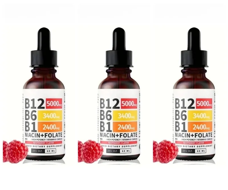 Жидкие капли с витамином B12, 60 мл, со вкусом малины, с витамином B6 + B1 и т. д. Мультивитамины поддерживают восстановление энергии и здоровье мозга и сердца