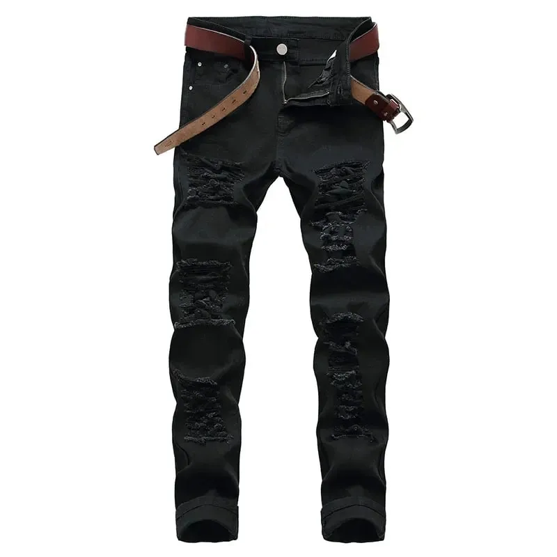 Pantaloni in denim con foro 2025 Jeans da uomo con foro in rovina di marca marea Solid Slim Pantaloni hip-hop High Street all-match rosso bianco di grandi dimensioni — image 2