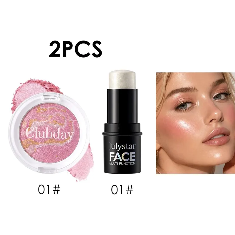 Ensemble combiné fard à joues et reflets, finition rosée lumineuse, couleur modulable, tenue longue durée pour un maquillage naturel et éclatant du visage
