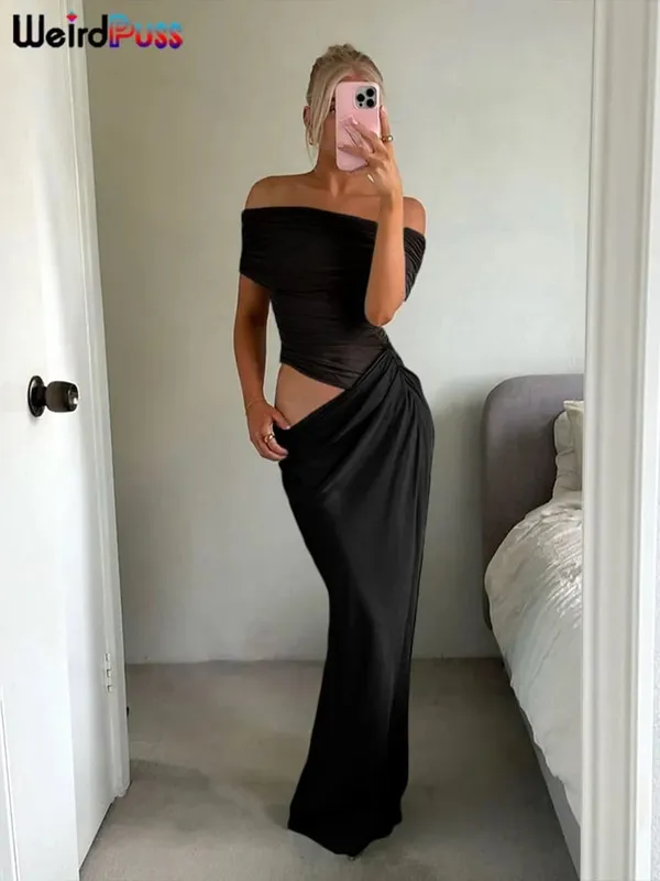 Weird Puss-vestido Irregular fruncido para mujer, vestido ceñido largo elegante de malla con retales y cuello oblicuo, manga corta, ajustado, elástico, tendencia elegante