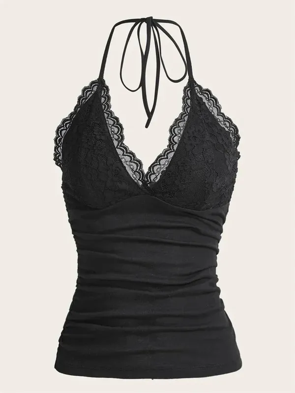 Goth Grunge Punk Zwart Kant Patchwork Halter Top Vrouwen Zomer Effen Ruches Backless Mouwloze Tank Top Streetwear Y2K Kleding