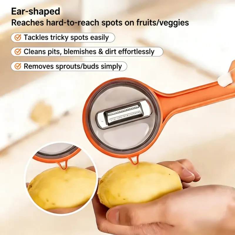 Pelador de frutas y verduras multifuncional con almacenamiento de cáscara, diseño colgante sin salpicaduras, fácil de limpiar, removedor de ojos de patatas, Cocina — image 2