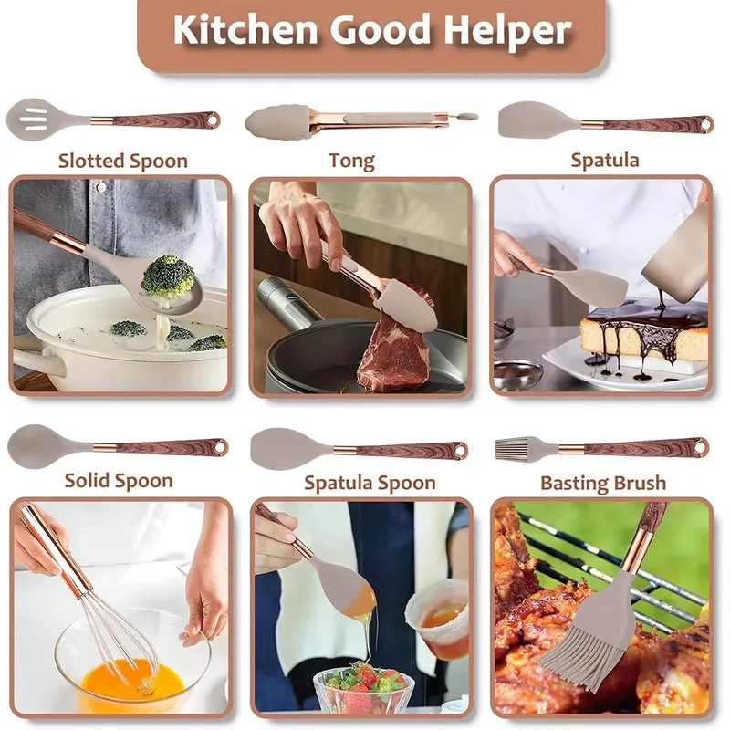 Set Perkakas Dapur Silikon 10 Keping Perkakas Memasak dengan Pemegang Perkakas Pemegang Corak Kayu Alat Memasak Nonstick JT264 — image 3