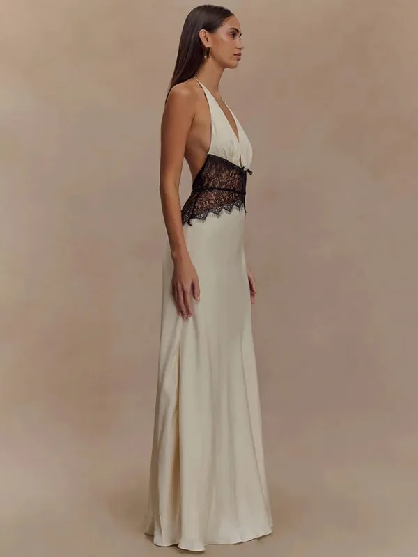 Mozision Abito lungo sexy senza schienale estivo Abito da donna Patchwork in pizzo Halter scollo a V profondo senza maniche abito lungo elegante a vita alta — image 2