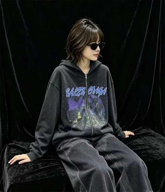 False Rhinestone Starry Sky Pattern Print Washed Zipper Loose Hoodie Street Casual Cotton Versatile Sports Trendy Sweatshirt — image 7