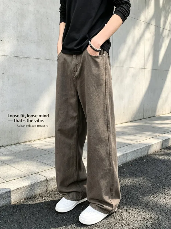 Baggy-Jeans für Herren, Retro-Stil, einfarbig, weiß, locker, weites Bein, Denim-Hose, Herren, lässig, täglich, Streetwear, gewaschene Herren-Jeanshose — image 4
