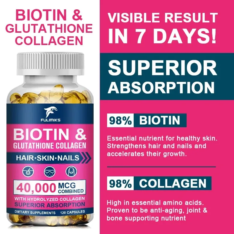Biotin 40000mcg Combined Capsules with Collagen & Glutathione Promotes Hair Skin Nail Health & Natural Beauty Vitality — image 5