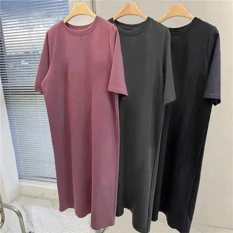 Loose Casual Solid Color Comfortable Dress Loose Large Size Short Sleeved Shirt Dress Summer Home Long Dresses — image 3