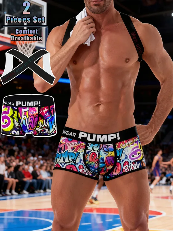 Set Ringkas Boxer & Tali Bahu Cetak Graffiti 2 Keping Lelaki - "WEAR PUMP!" Logo, Seluar Dalam Atletik Selesa Bernafas — image 1