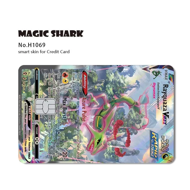 ماجيك القرش ميو تشاريزارد EX Eevee Gengar بيكاتشو TCG بطاقة ثلاثية الأبعاد ليزر الجلد لاصق غشائي لبطاقة الائتمان البنك