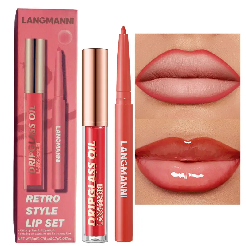 2pcs/box Matte Velvet Lipliner&Mirror Glass Lip Gloss Waterproof Long-Lasting Non-Sticky Purple Brown Liner Lip Combo Makeup Set