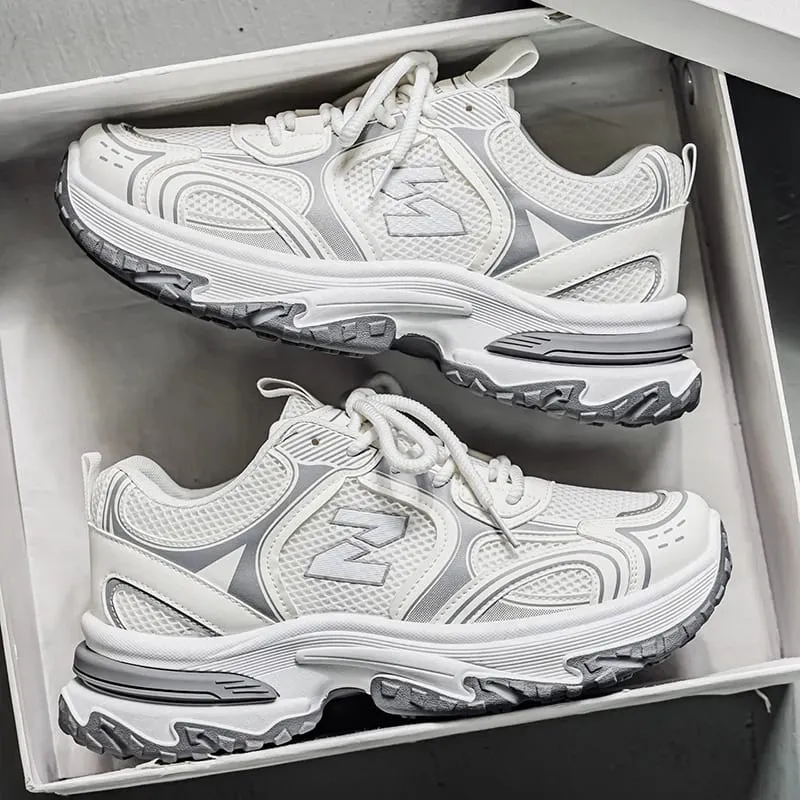 Sneakers Ayah Chunky Retro Lelaki | Kasut Larian Platform Perak Metalik
