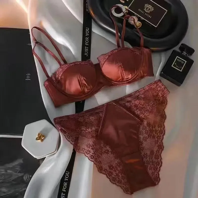 Conjunto de sutiã meia xícara de cetim sexy com anel de aço fino e confortável suporte superior borda de renda verde lingerie brilhante para mulheres — image 14