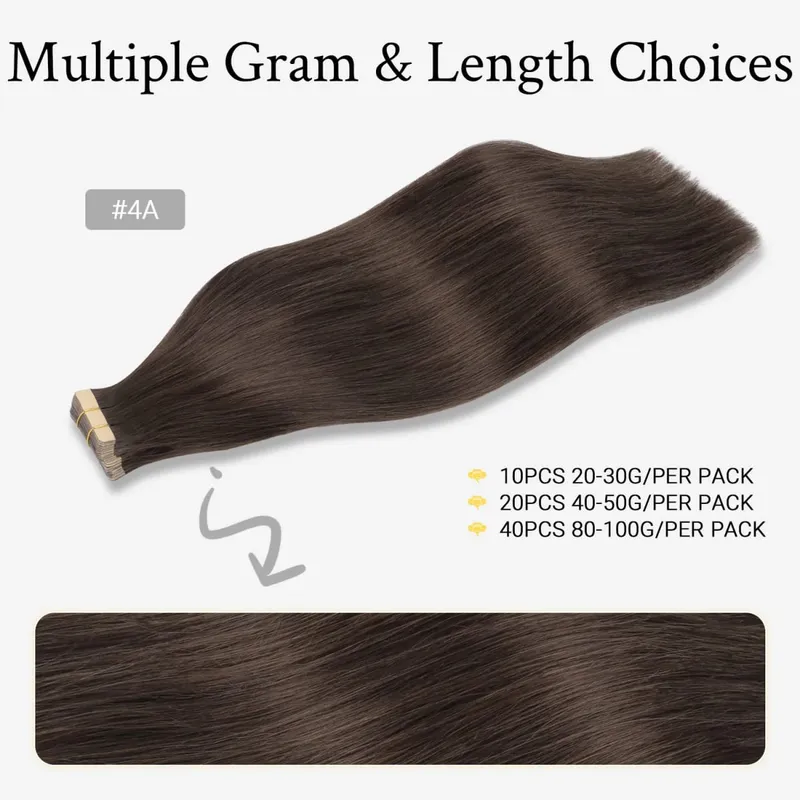 Sunmofavo Tape I Remy Human Hair Extensions Tyk Silkeagtig Lige Naturlig Brun Usynlig Tape 20 Stk Salon Grade Til Kvinder — image 3