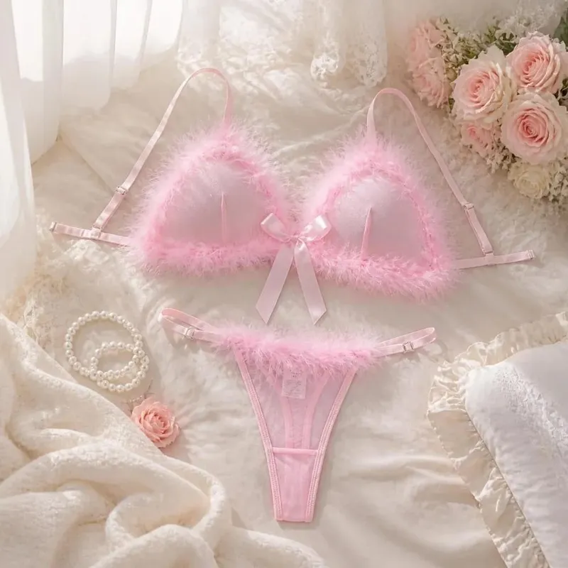 Furry Women's Underwear Wireless Bow Decor Lingerie Set Romantic Intimate Mesh Transparent Bra Panties Suit Valentine's Day — image 5