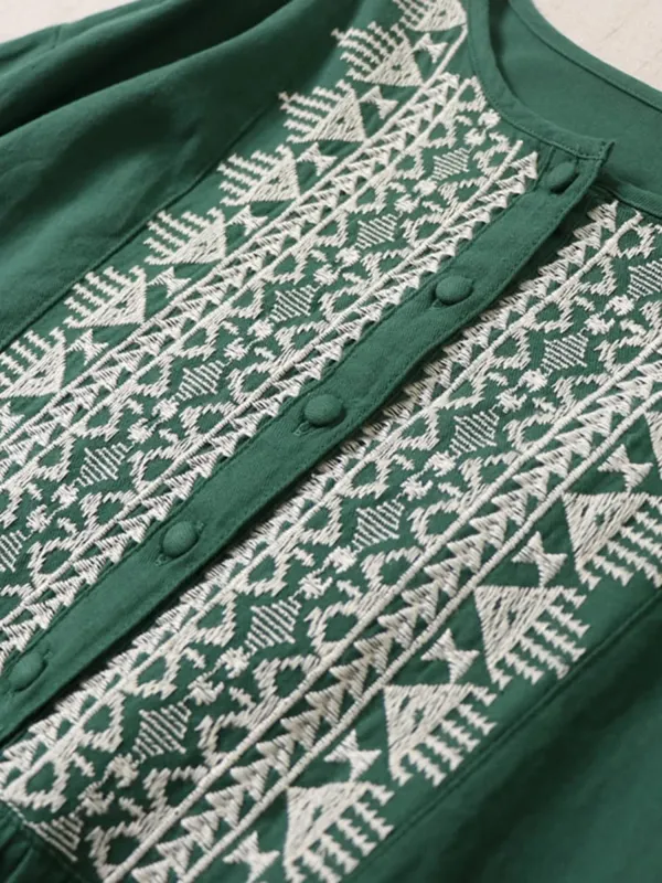 Ele Embroidered Cotton Lin Long Sve Dr Loose Fit A-Line Silhouette Maxi Skirt for Autumn Season Women's Faion — image 5