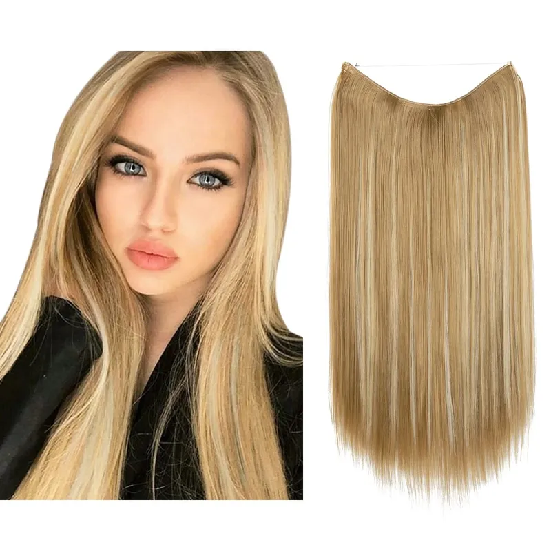 Estensioni per capelli con filo invisibile sintetico resistente al calore premium con clip Posticci Capelli lunghi lisci naturali finti per donna — image 17