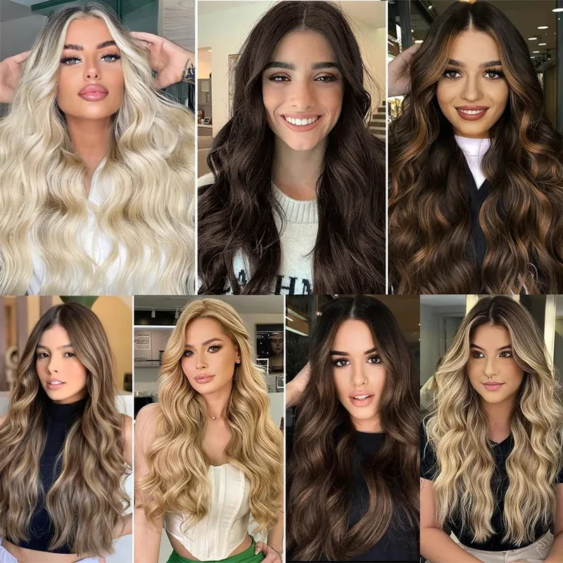 Parrucchino sintetico ondulato lungo artificiale Biondo misto marrone Pezzo di capelli finti per le donne Due clip Estensione naturale dei capelli 17 colori — image 8