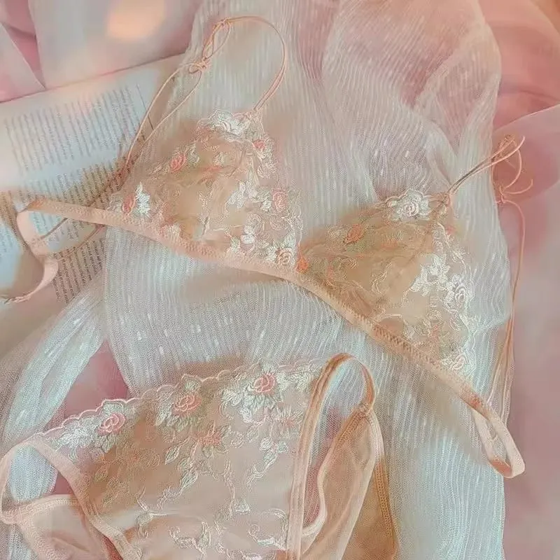 Fransk ren Desire Broderet Blonde Drømmetrekant Skål uden bøjle Tyndt bælte Lille BH-sæt Ultratyndt sexet BH-sæt — image 9