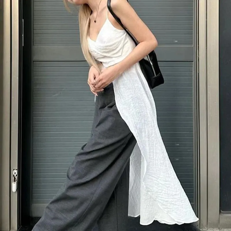 Xingqing y2k Camisole TOP เสื้อผ้าผู้หญิงสีทึบ V คอสปาเก็ตตี้สายคล้องคอ Slit ด้านหน้า T เสื้อถัง 2000s streetwear — image 6