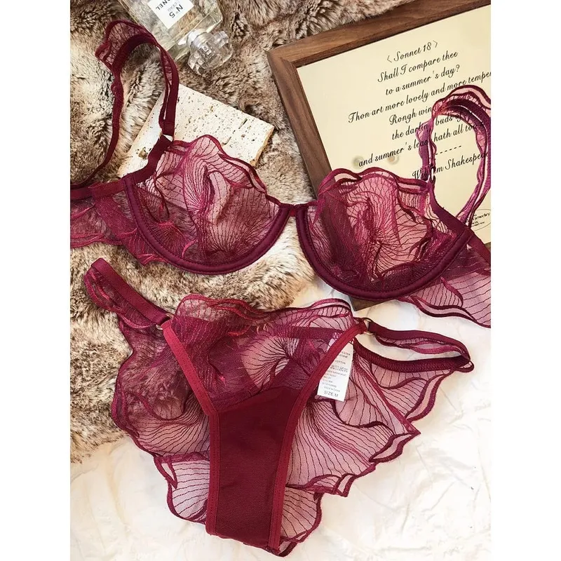 French Embroidery Lace Bra Set For Women Ultra Thin Sheer Minimizer Bra Hollow Out Lingerie Brassiere 32-38AB Elegant Daily Wear — image 3