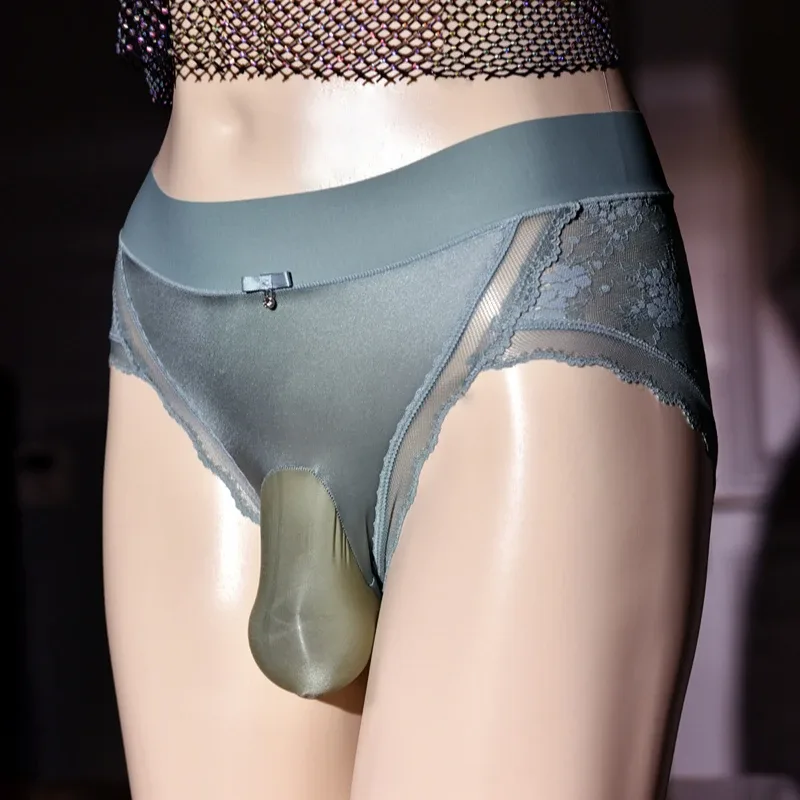 Silky Men's Panties Lace Satin Erotic Underwear Soft Ultra Thin Briefs Sissy Feminization Lingerie Back Transparent Underpants