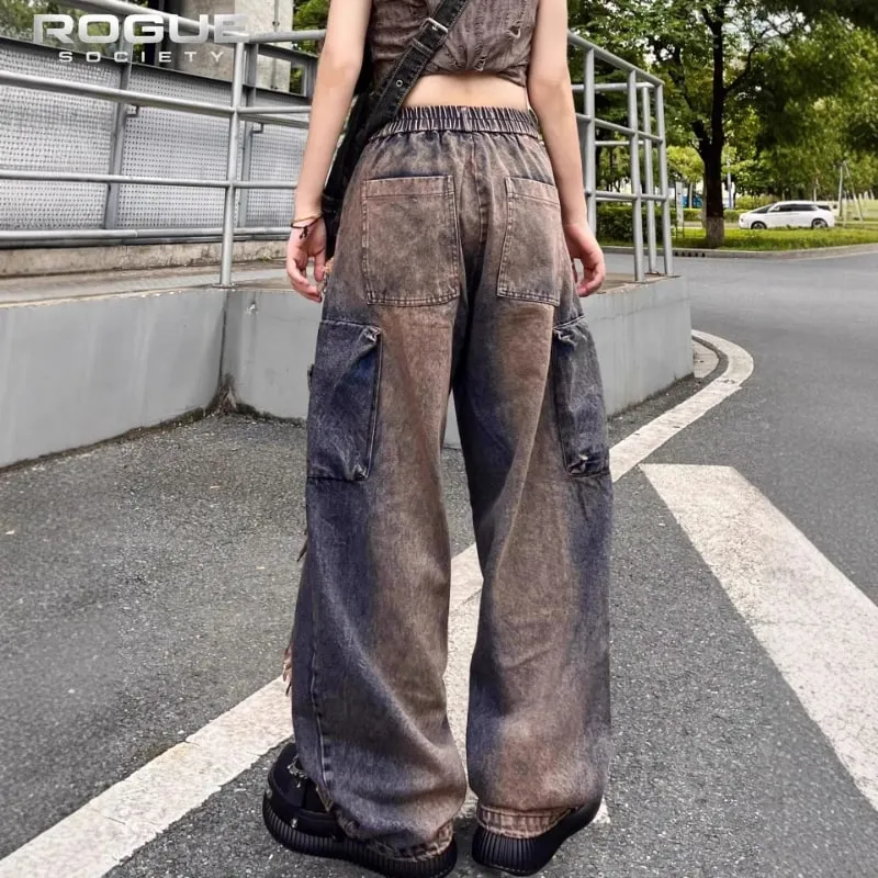 Y2K Grunge Deconstructed Distressed Farmer Uniszex Patchwork mosott széles szárú farmer nadrág Hip Hop utcai viselet Harajuku punk nadrág — image 4