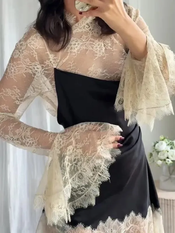 Elegantซาตินดอกไม้ลูกไม้Patchworkชุดมินิสำหรับผู้หญิงไม่สม่ำเสมอHemแขนยาวชุดเลดี้ 2026 Chic Evening Party Vestidos — image 6