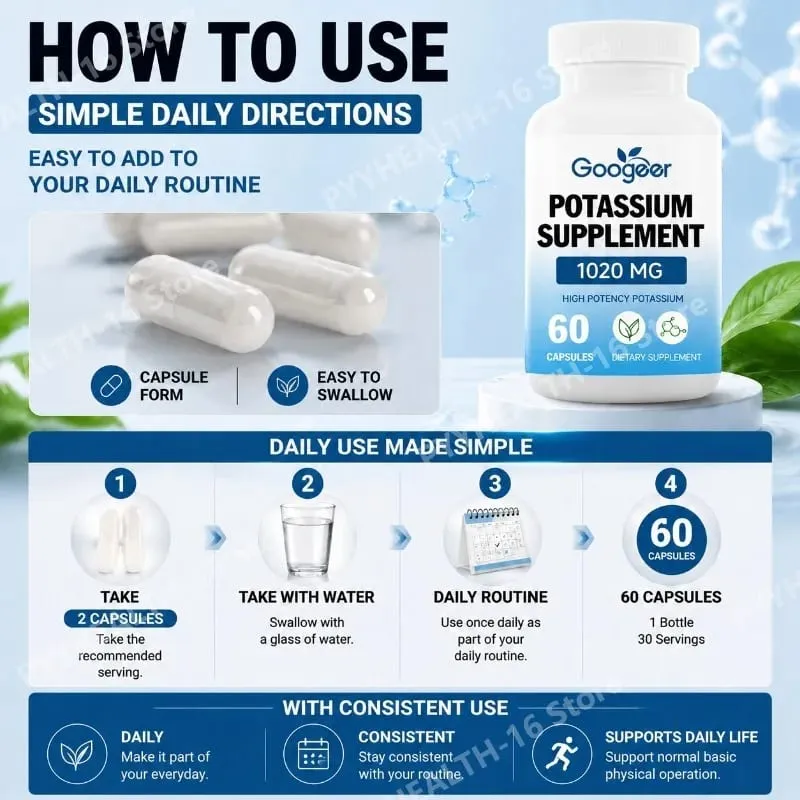 Googeer โพแทสเซียมแคปซูล 1020 Mg ศักยภาพสูงระดับโพแทสเซียมสนับสนุนแร่ธาตุ Intake Gap เติมการดูดซึม 60 แคปซูล — image 5