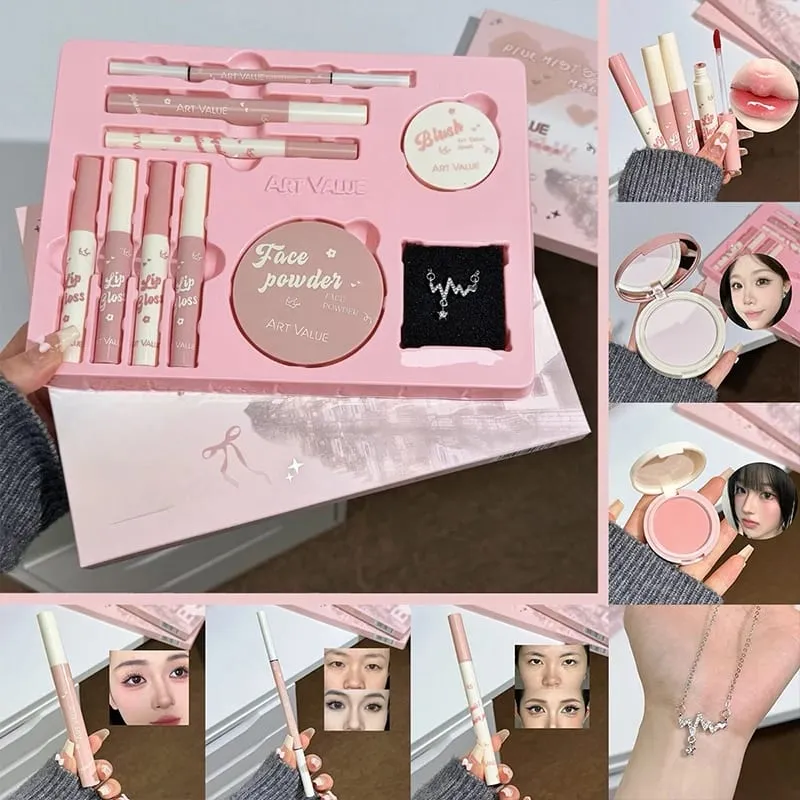 Makeup Set ART VALUE obsahuje 4 glazury na rty 1 lisovaný pudr 1 tvářenku 1 tužku na oči 1 tužku na obočí 1 kosmetiku s řasenkou na krk