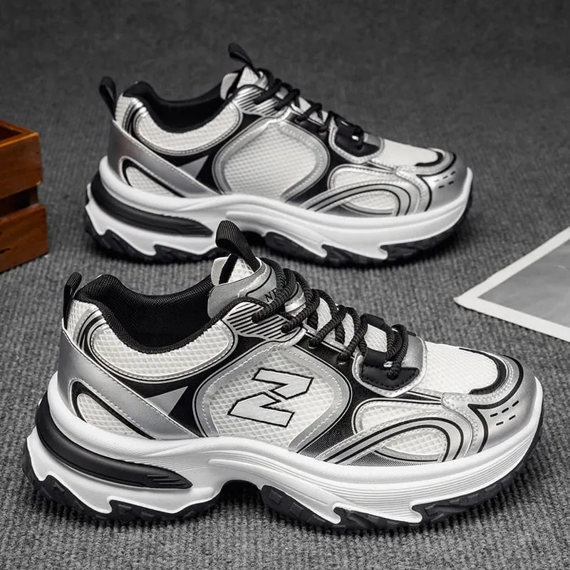 Sneakers Ayah Chunky Retro Lelaki | Kasut Larian Platform Perak Metalik — image 3