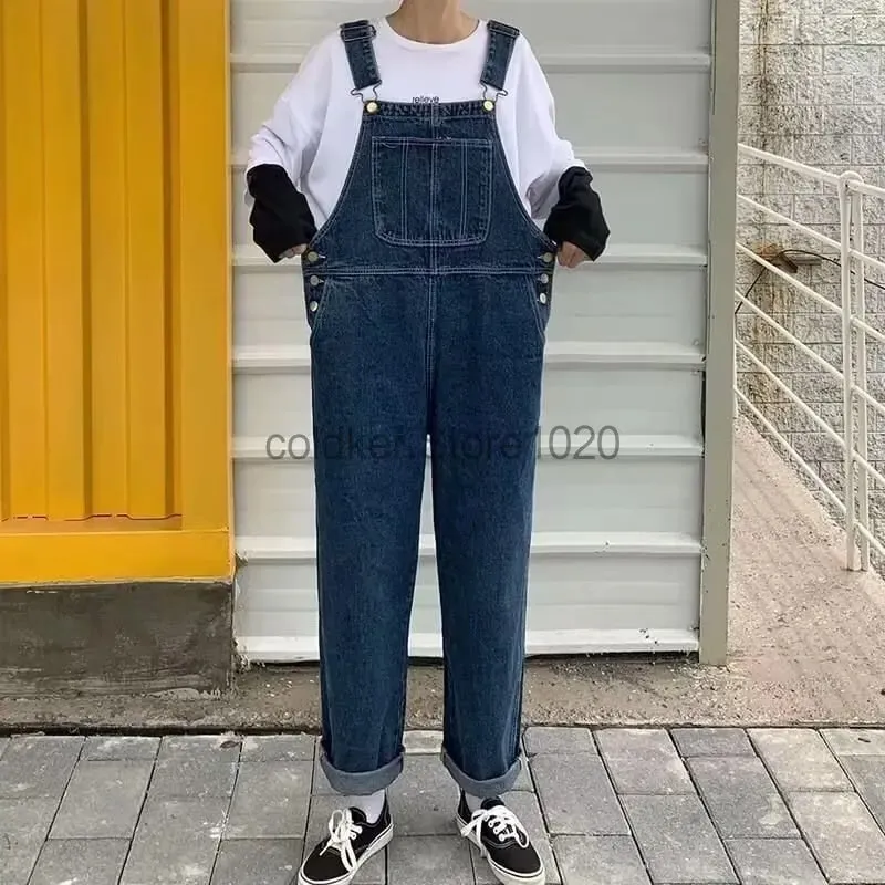 ใหม่ผู้ชาย DENIM Overalls Casual หลายกระเป๋าหลวม Splice ตรง Rompers แฟชั่นปรับ Suspenders กางเกงยีนส์สำหรับชาย — image 6