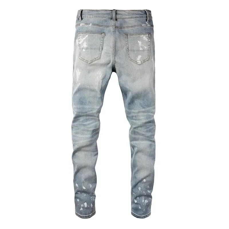 Blue High Street หลุมคริสตัลโปร่งใส Patchwork ยืด Slim Fit Rhinestones แพทช์ Distressed Ripped Graffiti กางเกงยีนส์ผู้ชาย — image 4